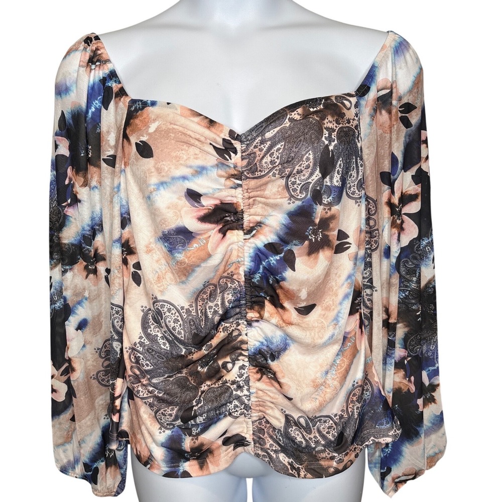 Boston Proper Women Multicolor Floral Paisley Mesh Top Sz XL Peasant Ruched Boho